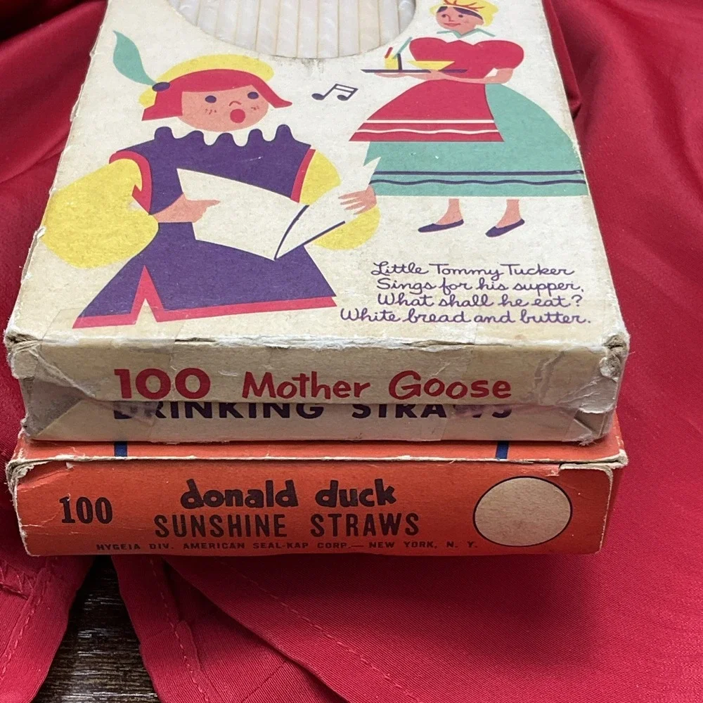 100 Boxed 50 Vintage Plastic Drinking Sunshine Straws Donald Duck & Mother Goose